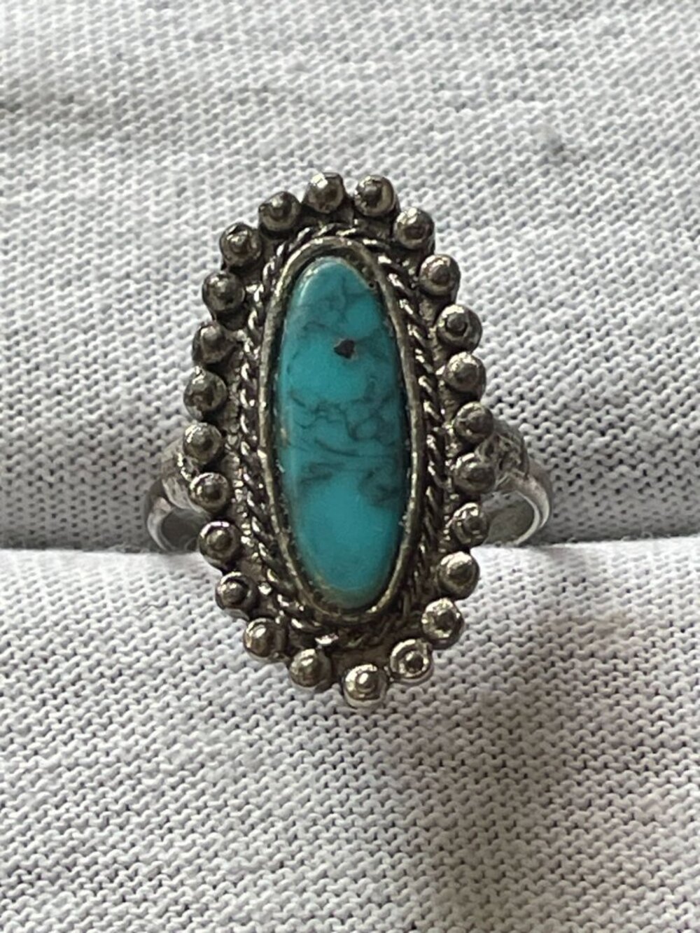 Vintage Boho Silver Tone Elongated Turquoise Glass 1.00" Adjustable Ring Sz 7